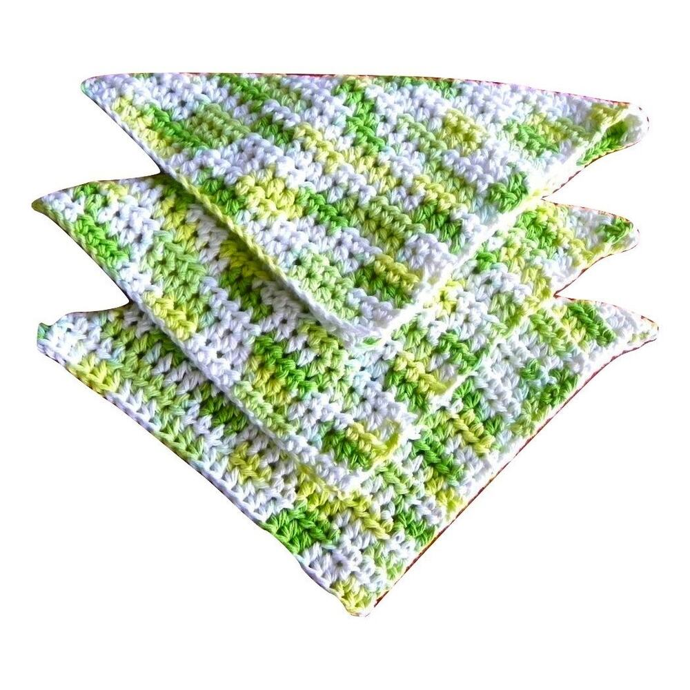(3) Handmade Crocheted Dishcloths Washcloths 100% Cotton Limeade Green Ombre